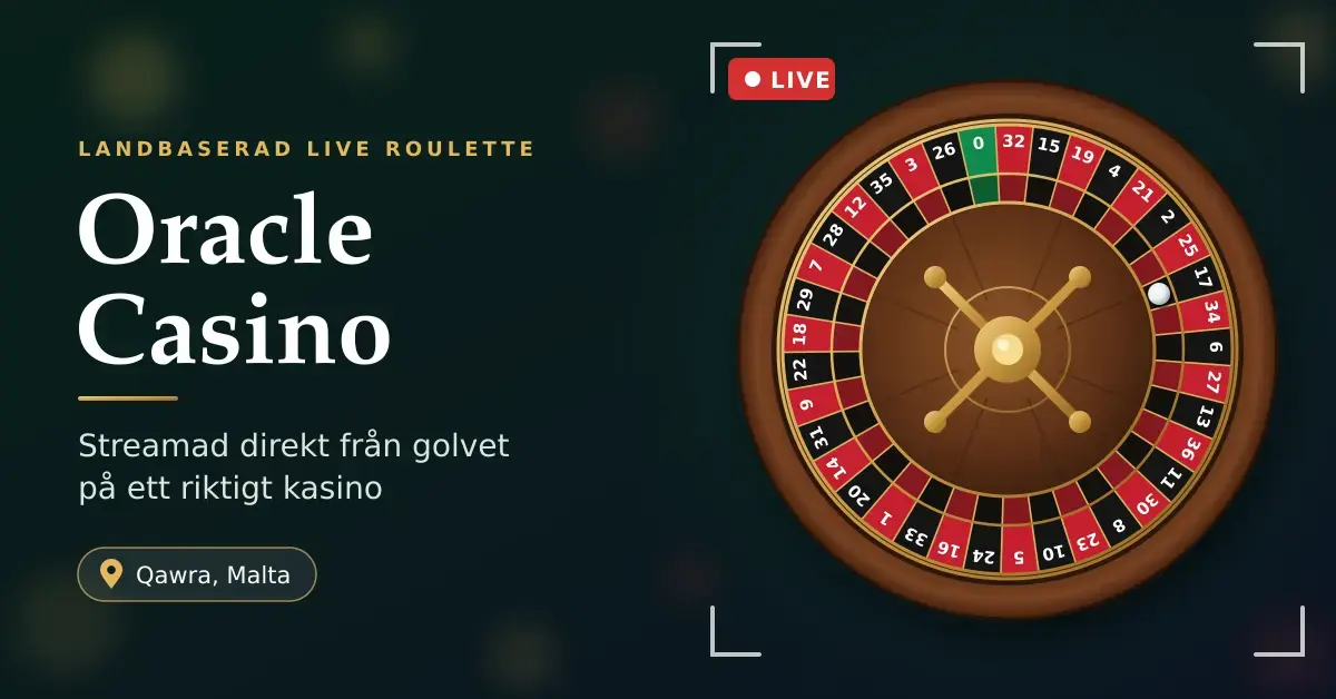 Grafik med ett roulettehjul i en kamerasökare med en röd LIVE-skylt, bredvid texten ”Oracle Casino – streamad direkt från golvet på ett riktigt kasino” och platsangivelsen Qawra, Malta.