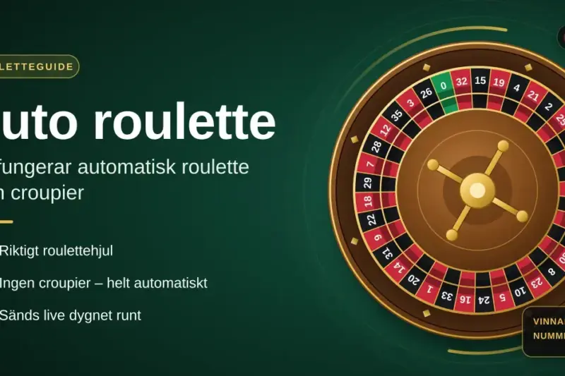 Grafik med ett roulettehjul i guld och trä med en kula på banan, en livekamera och texten ”Auto roulette – så fungerar automatisk roulette utan croupier” mot en mörkgrön bakgrund.