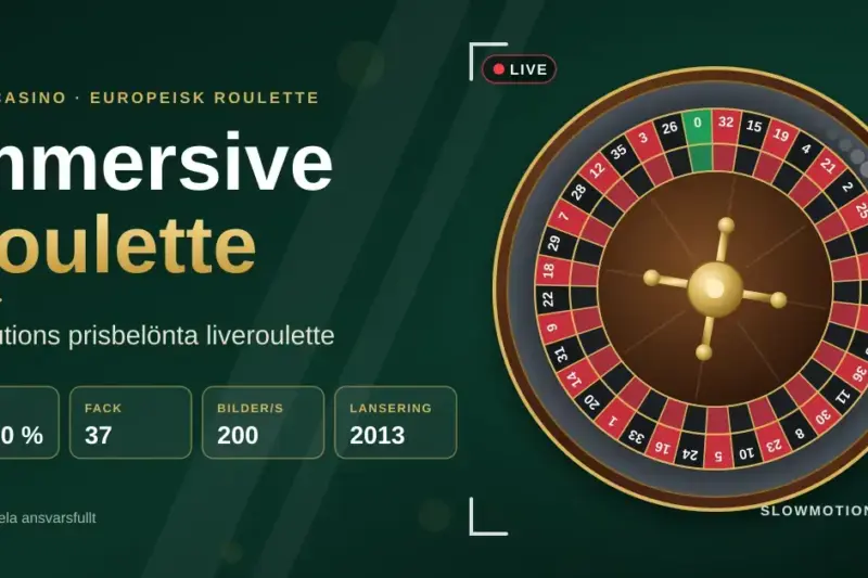 Illustration av ett europeiskt roulettehjul i kamerasökare med LIVE-märkning bredvid texten "Immersive Roulette – Evolutions prisbelönta liveroulette" och snabbfakta om RTP 97,30 %, 37 fack, 200 bilder per sekund och lansering 2013.