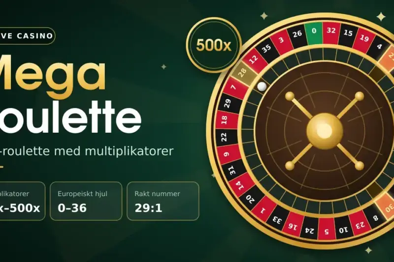 Grafik för Mega Roulette med ett europeiskt roulettehjul i guld, rött och svart, där multiplikatorerna 500x, 100x och 50x är markerade, bredvid texten "Live-roulette med multiplikatorer" och fakta om spelet.