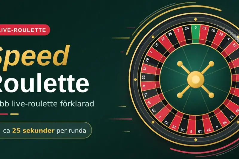 Grafisk illustration av ett europeiskt roulettehjul med en snurrande kula och fartlinjer bredvid texten "Speed Roulette – snabb live-roulette förklarad" och "ca 25 sekunder per runda" mot en mörkgrön bakgrund.