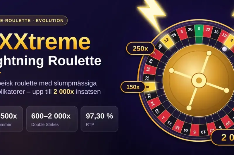 Grafik för XXXtreme Lightning Roulette med ett europeiskt roulettehjul som träffas av blixtar, guldfärgade multiplikatorer upp till 2 000x samt fakta om blixtnummer, Double Strikes och RTP på 97,30 %.