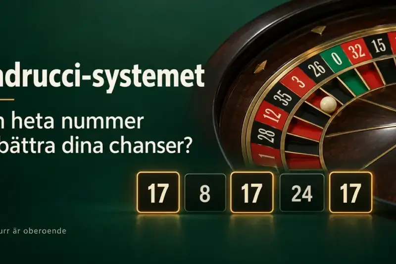 Roulettehjul och en rad tidigare resultat där numret 17 markeras tre gånger, med rubriken Andrucci-systemet och påminnelsen att varje snurr är oberoende.