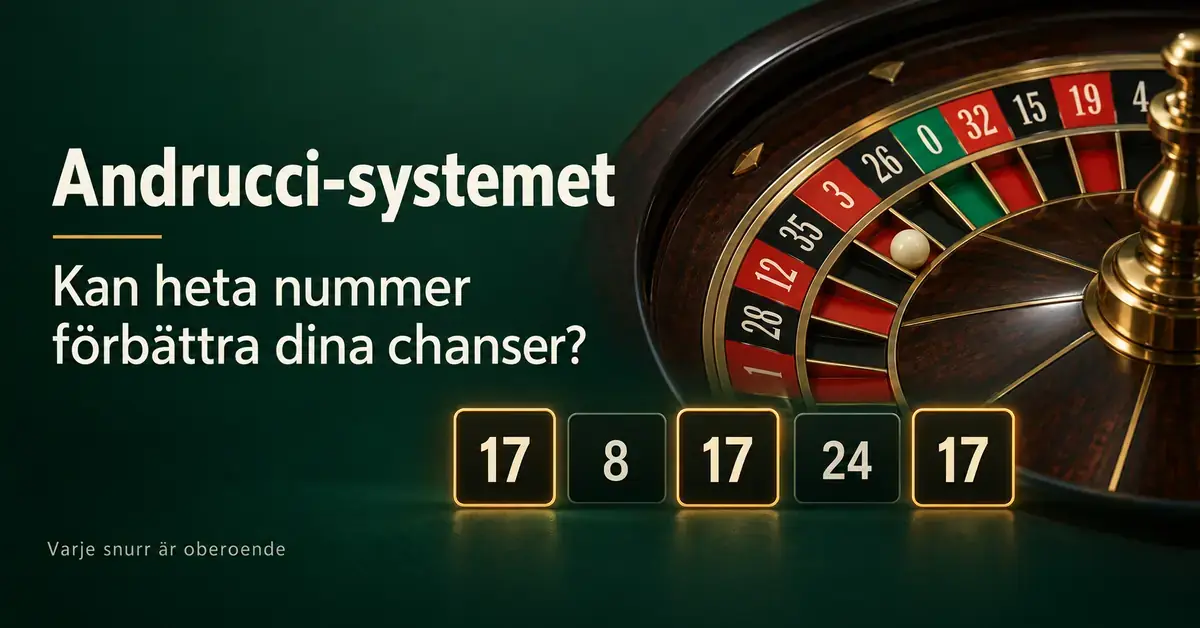 Roulettehjul och en rad tidigare resultat där numret 17 markeras tre gånger, med rubriken Andrucci-systemet och påminnelsen att varje snurr är oberoende.
