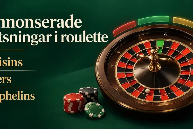 Illustration av ett roulettehjul och spelmarker på grön bakgrund med rubriken Annonserade satsningar i roulette och namnen Voisins, Tiers och Orphelins.