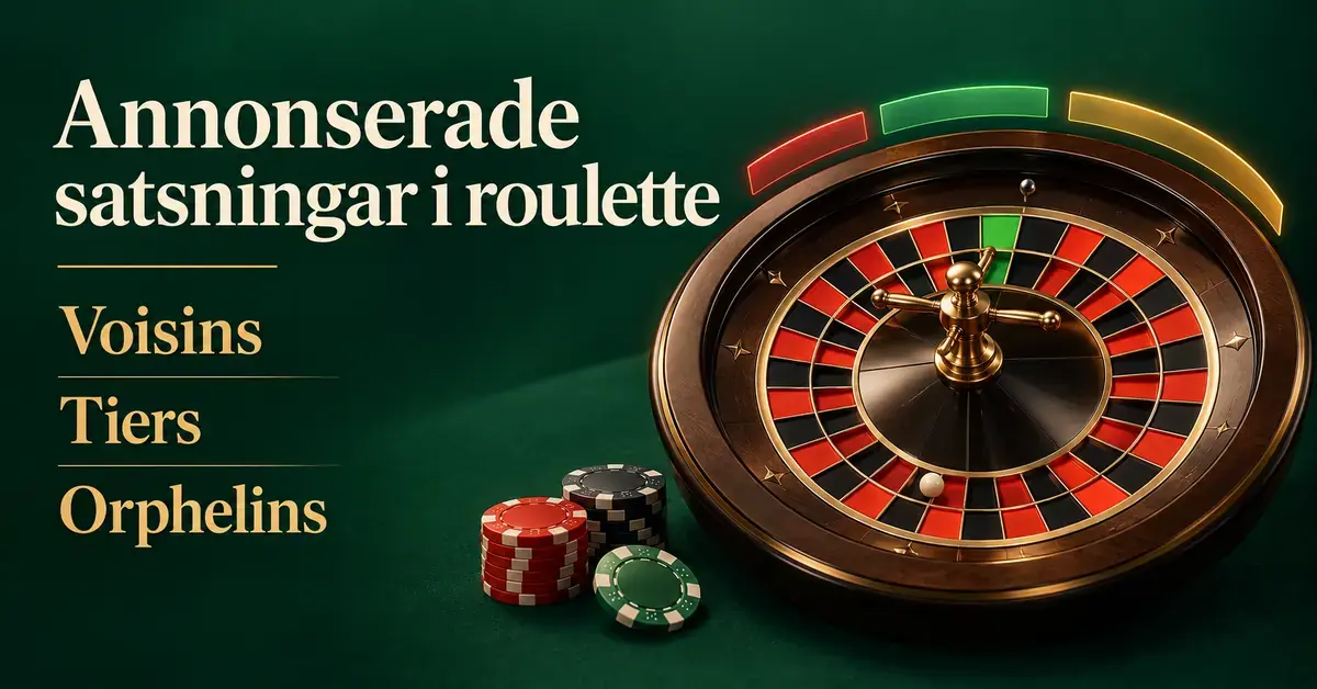 Illustration av ett roulettehjul och spelmarker på grön bakgrund med rubriken Annonserade satsningar i roulette och namnen Voisins, Tiers och Orphelins.