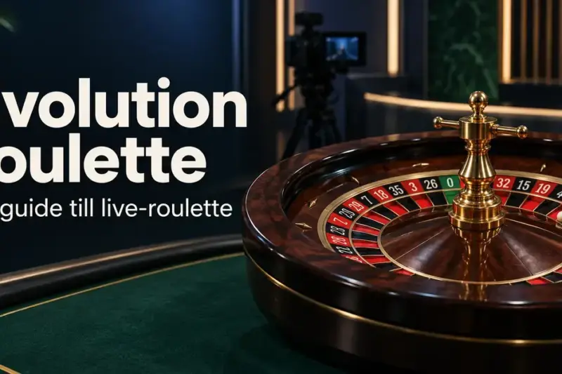 Rouletthjul på ett grönt bord med en studiokamera i bakgrunden och texten ”Evolution roulette – En guide till live-roulette”.
