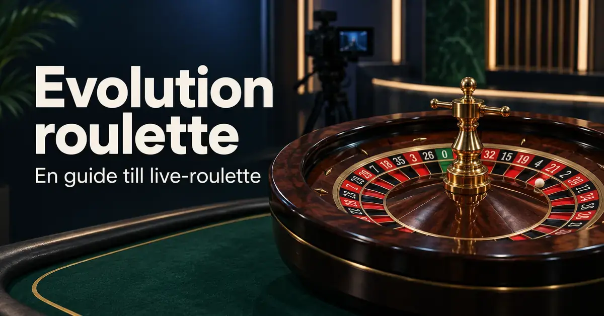 Rouletthjul på ett grönt bord med en studiokamera i bakgrunden och texten ”Evolution roulette – En guide till live-roulette”.