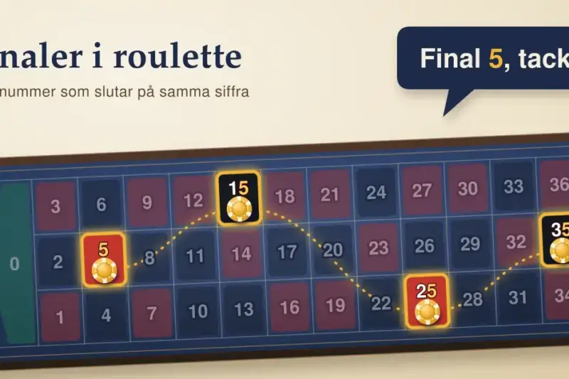 Grafik med en europeisk roulettebordslayout där numren 5, 15, 25 och 35 lyser i guld med marker och binds ihop av en streckad linje, bredvid rubriken "Finaler i roulette" och en pratbubbla med texten "Final 5, tack!".