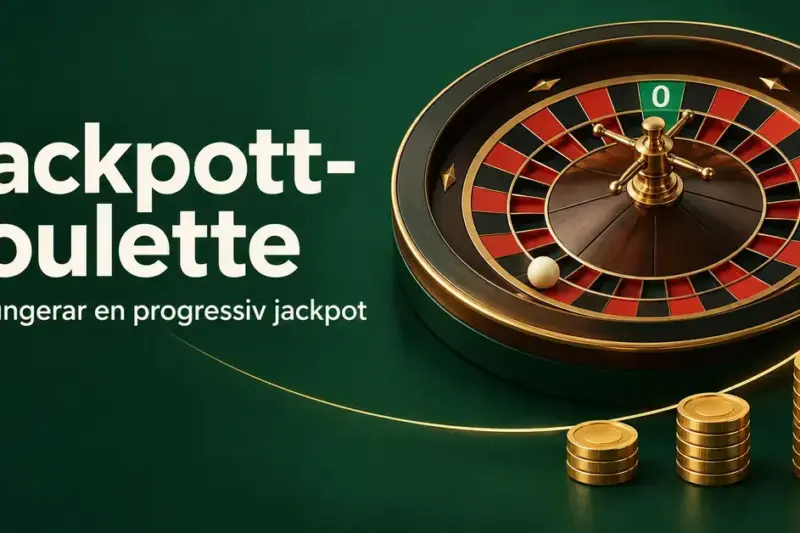 Roulettehjul och tre växande staplar med guldmynt illustrerar en progressiv jackpott mot en mörkgrön bakgrund med texten ”Jackpott-roulette – Så fungerar en progressiv jackpot”.