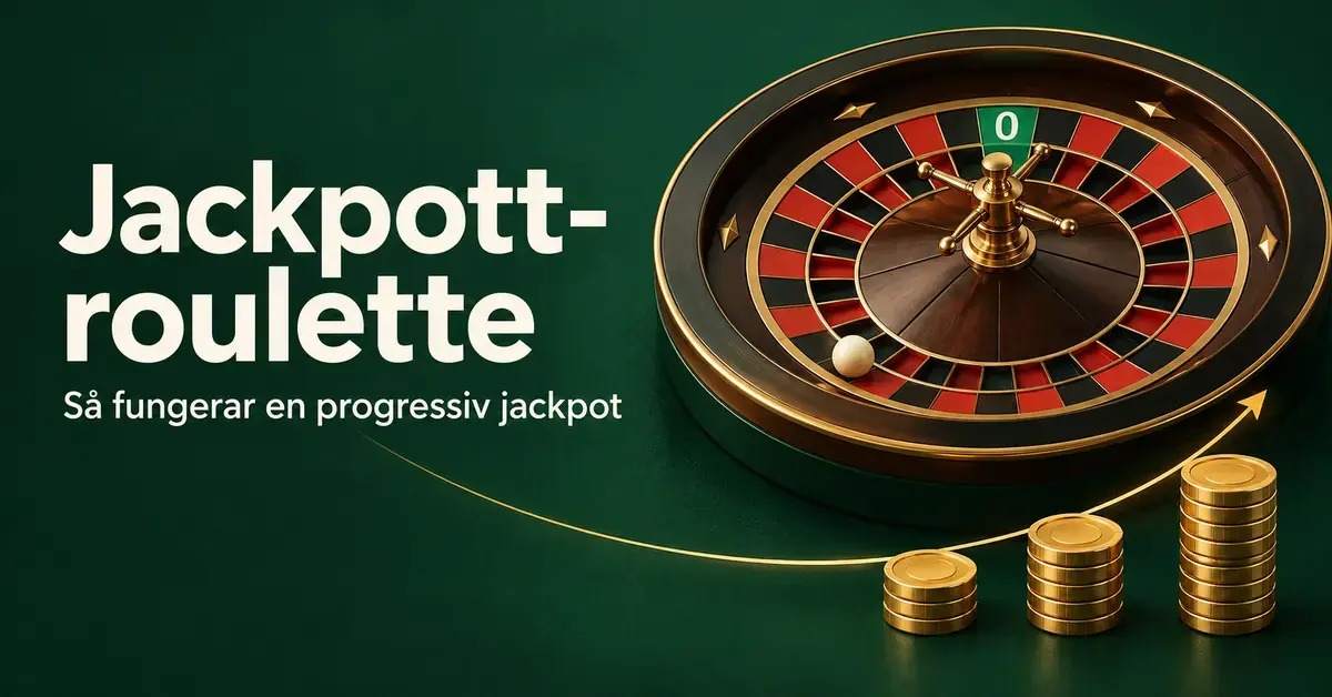 Roulettehjul och tre växande staplar med guldmynt illustrerar en progressiv jackpott mot en mörkgrön bakgrund med texten ”Jackpott-roulette – Så fungerar en progressiv jackpot”.