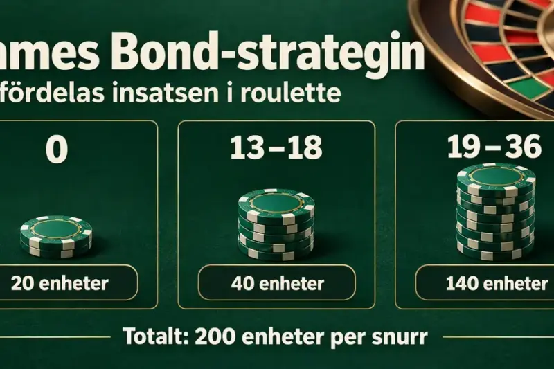 Grafik över James Bond-strategin i roulette med 20 enheter på nollan, 40 enheter på 13–18 och 140 enheter på 19–36, totalt 200 enheter per snurr.