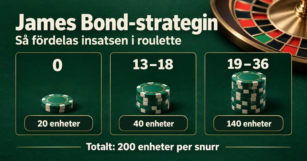 Grafik över James Bond-strategin i roulette med 20 enheter på nollan, 40 enheter på 13–18 och 140 enheter på 19–36, totalt 200 enheter per snurr.
