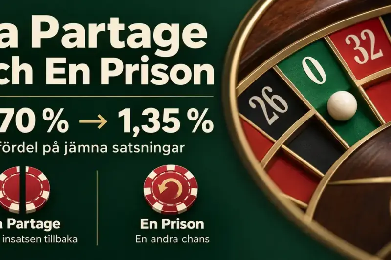 Illustration av roulettens gröna nolla och reglerna La Partage och En Prison, som sänker husfördelen på jämna satsningar från 2,70 till cirka 1,35 procent.