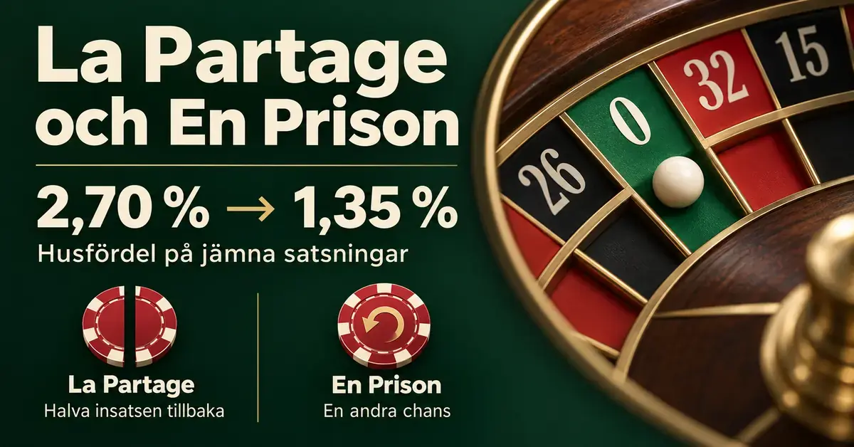 Illustration av roulettens gröna nolla och reglerna La Partage och En Prison, som sänker husfördelen på jämna satsningar från 2,70 till cirka 1,35 procent.