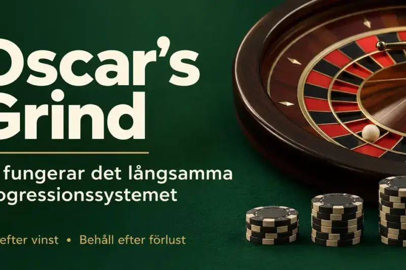 Illustration av Oscar's Grind med ett roulettehjul och tre gradvis högre staplar spelmarker samt text om att höja insatsen efter vinst och behålla den efter förlust.