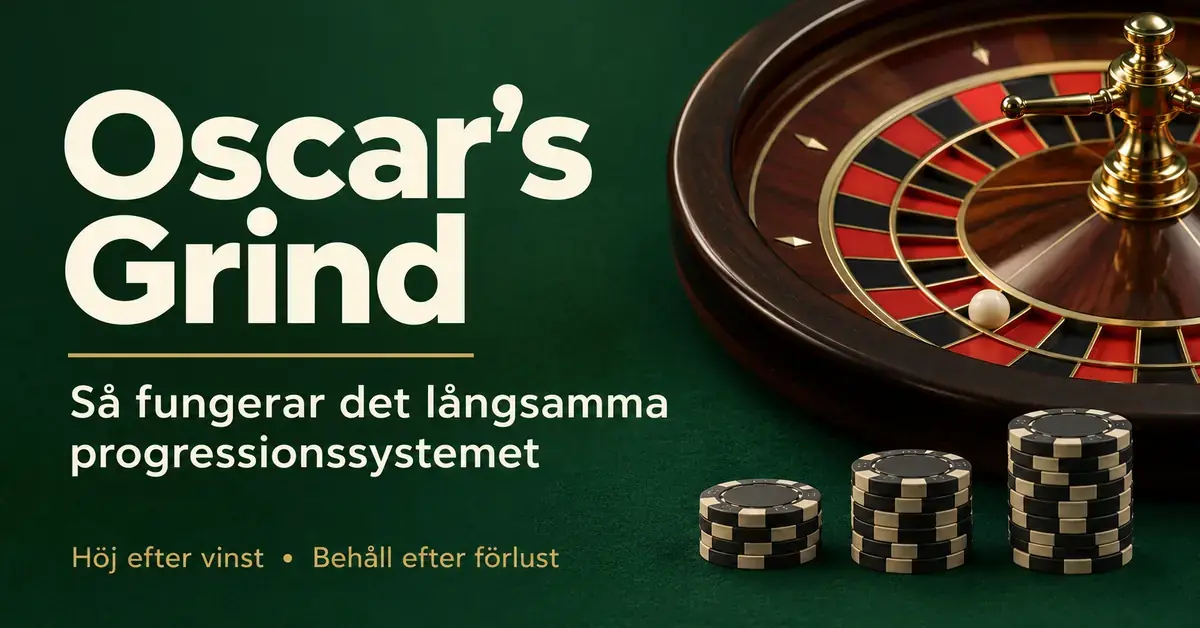 Illustration av Oscar's Grind med ett roulettehjul och tre gradvis högre staplar spelmarker samt text om att höja insatsen efter vinst och behålla den efter förlust.