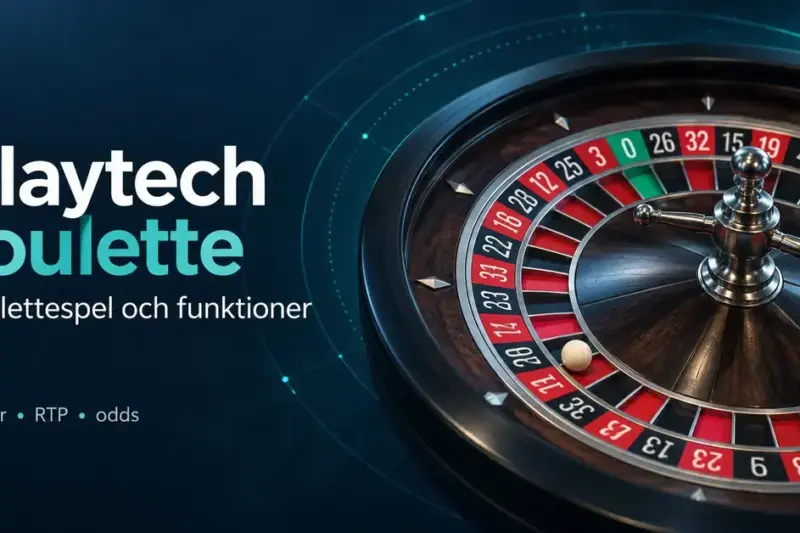 Illustration av ett roulettehjul mot mörkblå bakgrund med texten Playtech roulette samt information om roulettespel, funktioner, regler, RTP och odds.