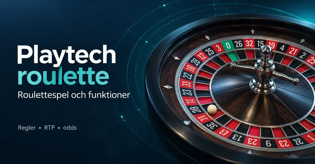 Illustration av ett roulettehjul mot mörkblå bakgrund med texten Playtech roulette samt information om roulettespel, funktioner, regler, RTP och odds.