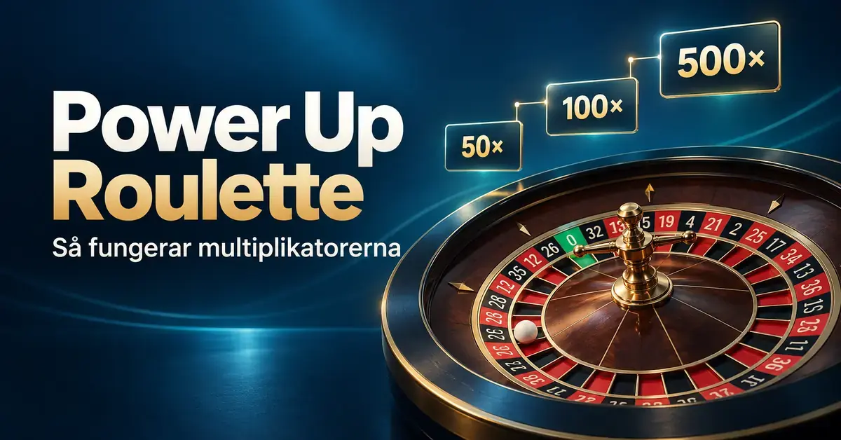 Illustration av ett roulettehjul och multiplikatorerna 50×, 100× och 500× med rubriken ”Power Up Roulette – Så fungerar multiplikatorerna”.