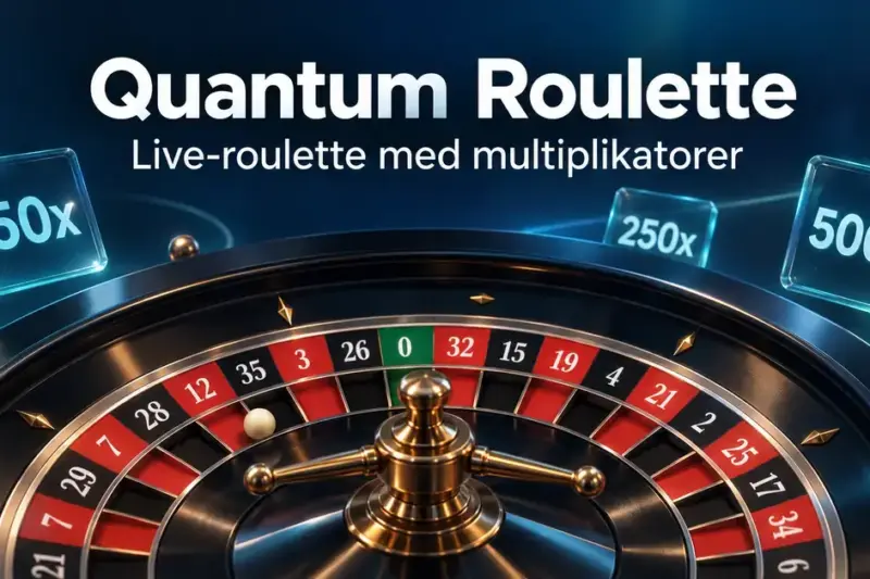 Illustration av ett roulettehjul med multiplikatorerna 50x, 250x och 500x samt texten ”Quantum Roulette – Live-roulette med multiplikatorer”.