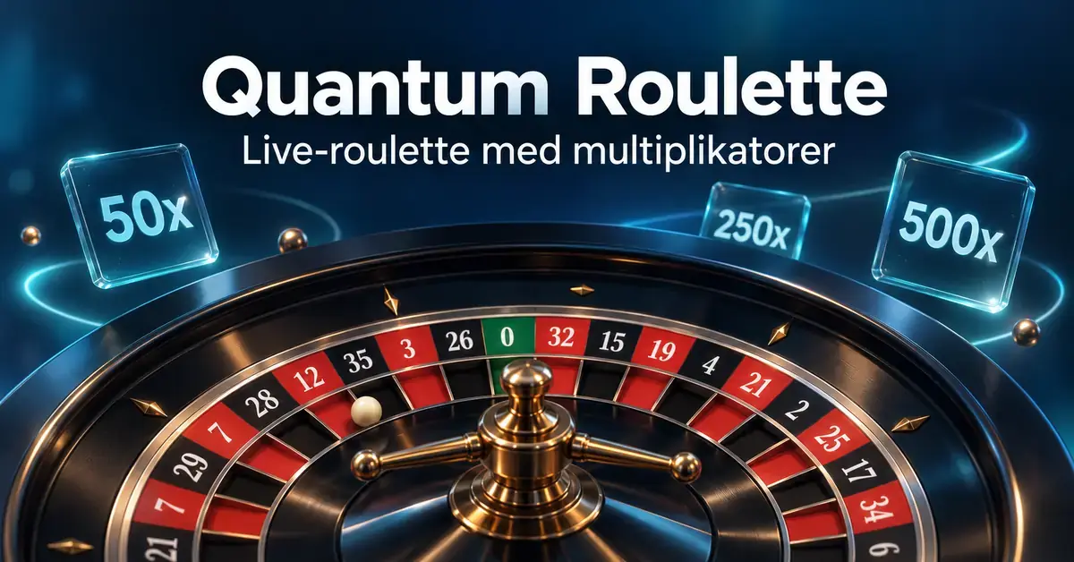 Illustration av ett roulettehjul med multiplikatorerna 50x, 250x och 500x samt texten ”Quantum Roulette – Live-roulette med multiplikatorer”.