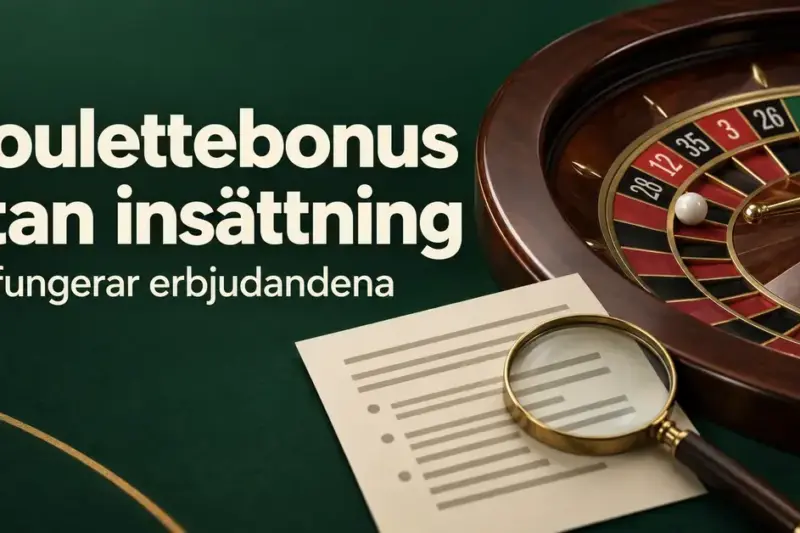 Roulettehjul och ett förstoringsglas över ett villkorsdokument på grön bakgrund med texten ”Roulettebonus utan insättning – Så fungerar erbjudandena”.