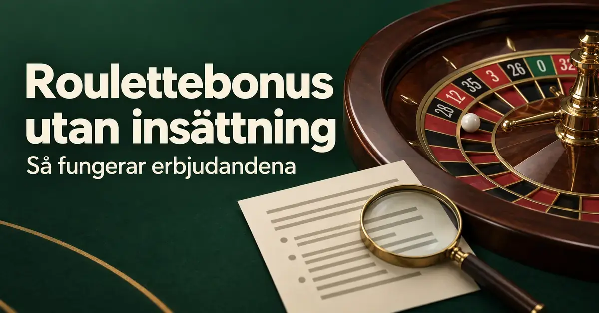 Roulettehjul och ett förstoringsglas över ett villkorsdokument på grön bakgrund med texten ”Roulettebonus utan insättning – Så fungerar erbjudandena”.