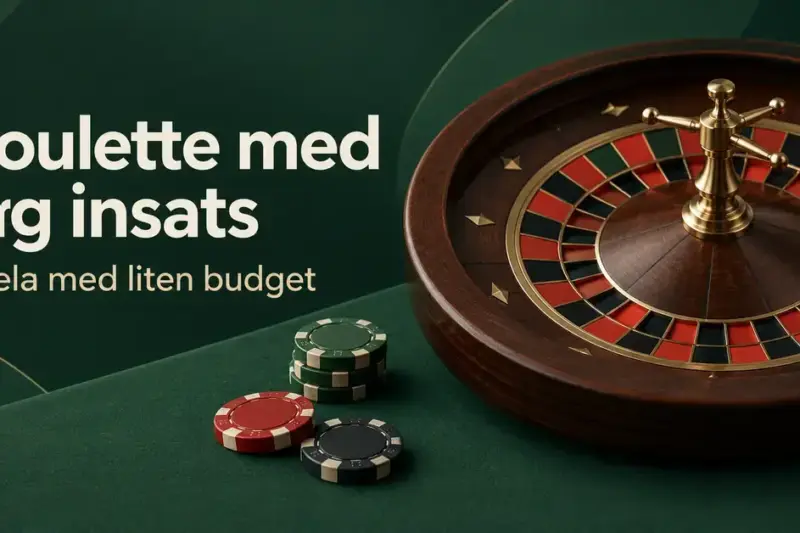 Roulettehjul och en liten samling spelmarker mot mörkgrön bakgrund med texten ”Roulette med låg insats – Spela med liten budget”.