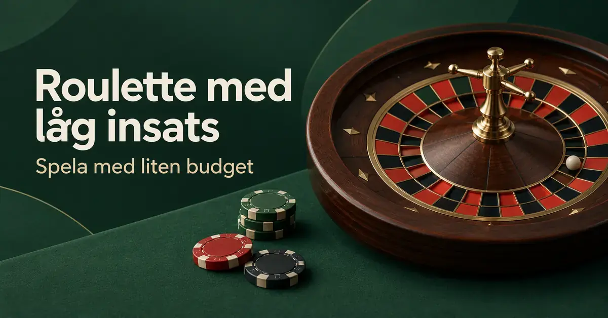 Roulettehjul och en liten samling spelmarker mot mörkgrön bakgrund med texten ”Roulette med låg insats – Spela med liten budget”.