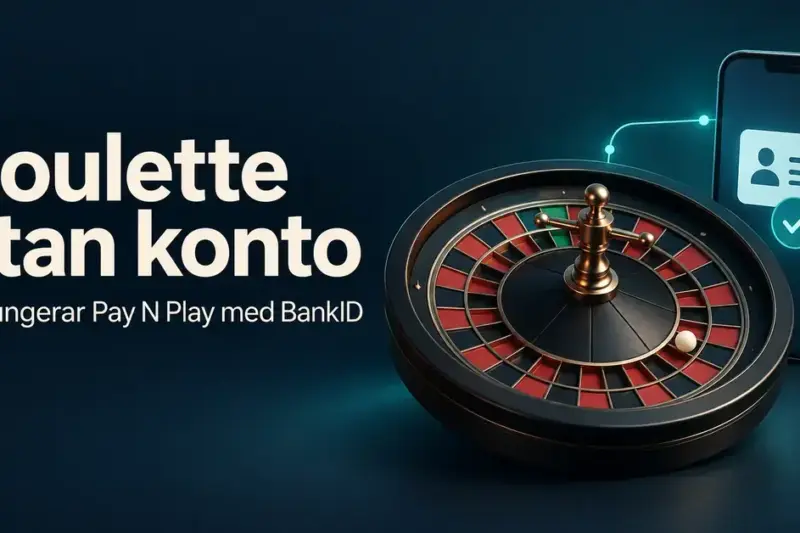 Illustration av ett roulettehjul och en mobil med en symbol för digital identifiering intill texten ”Roulette utan konto – Så fungerar Pay N Play med BankID”.
