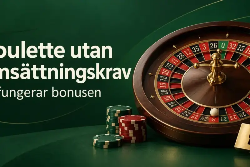 Roulettehjul, spelmarker och ett öppet hänglås mot mörkgrön bakgrund med texten ”Roulette utan omsättningskrav – Så fungerar bonusen”.