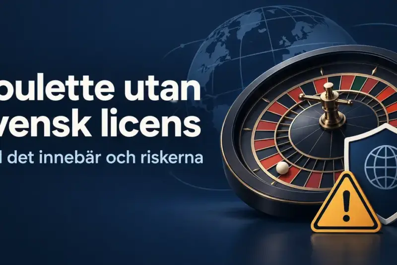 Roulettehjul med en sköld och en varningstriangel intill texten ”Roulette utan svensk licens – vad det innebär och riskerna”.