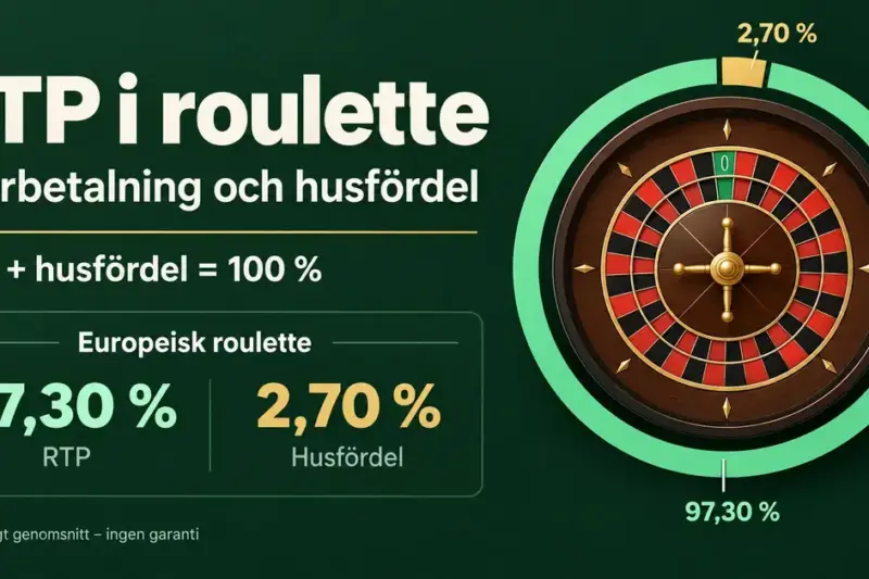Illustration av ett roulettehjul som visar att europeisk roulette har 97,30 procent RTP och 2,70 procent husfördel, ett långsiktigt genomsnitt utan garanti.