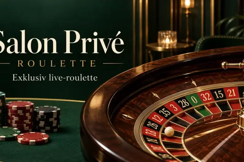 Roulettehjul och spelmarker i en elegant mörkgrön miljö med gulddetaljer och texten Salon Privé Roulette – Exklusiv live-roulette.