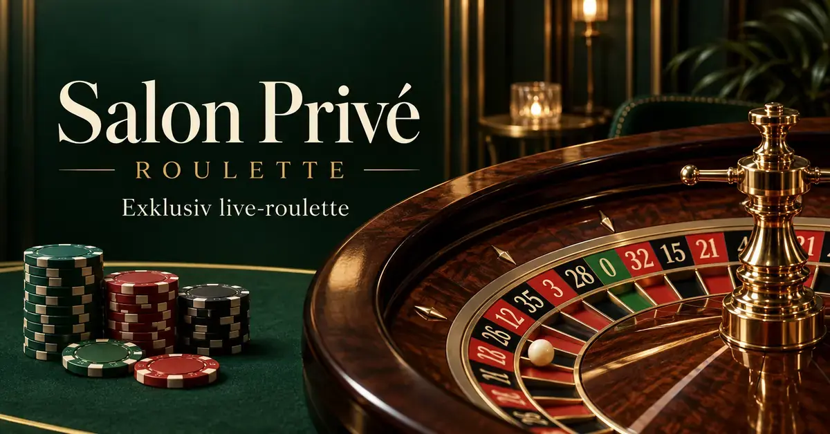 Roulettehjul och spelmarker i en elegant mörkgrön miljö med gulddetaljer och texten Salon Privé Roulette – Exklusiv live-roulette.