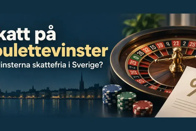 Roulettehjul, spelmarker, svensk flagga och ett dokument med procenttecken framför Stockholms silhuett, med texten ”Skatt på roulettevinster – Är vinsterna skattefria i Sverige?”.