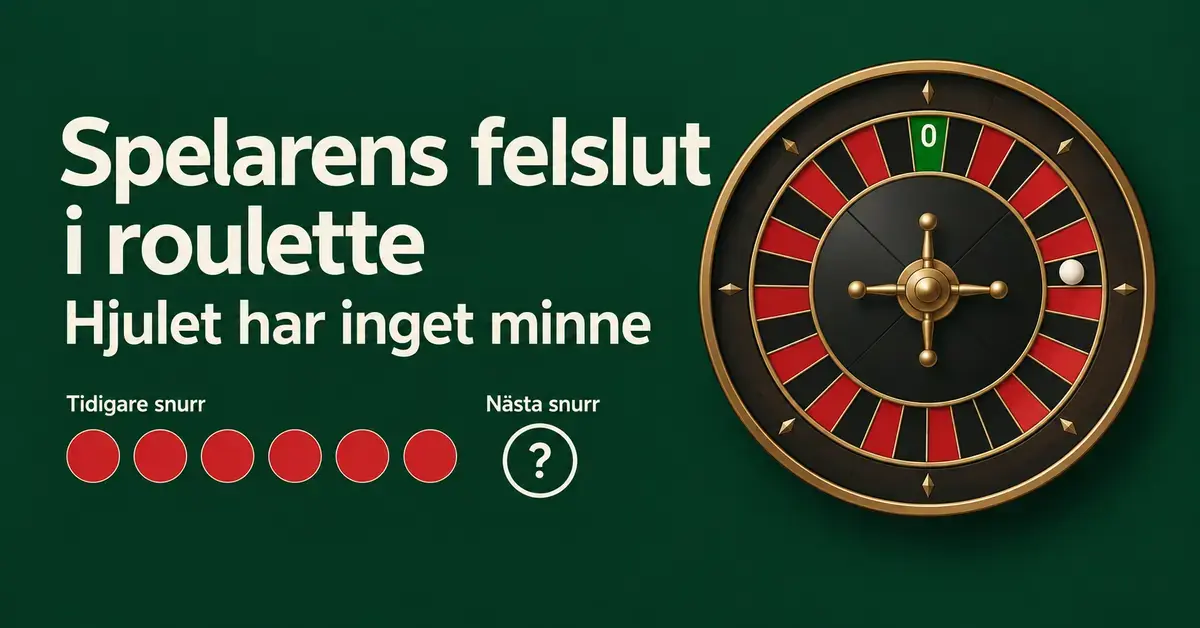 Illustration av ett roulettehjul och sex röda resultat följda av ett frågetecken som visar att tidigare snurr inte påverkar nästa.