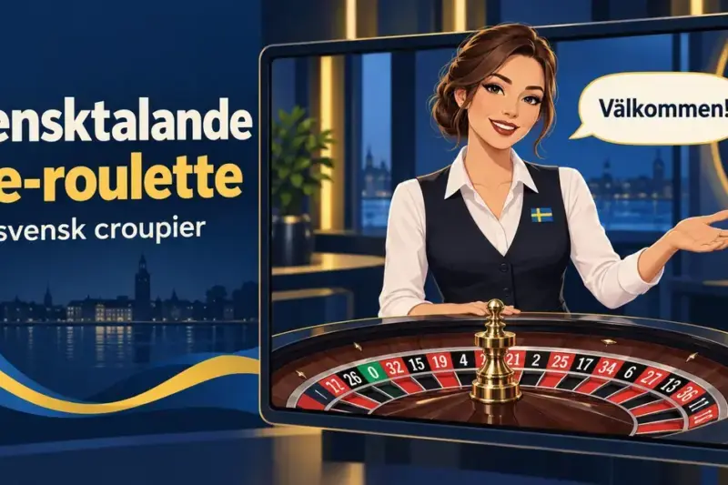 Illustration av en svensktalande croupier vid ett roulettehjul på en skärm, med svensk flagga och pratbubblan ”Välkommen!”.