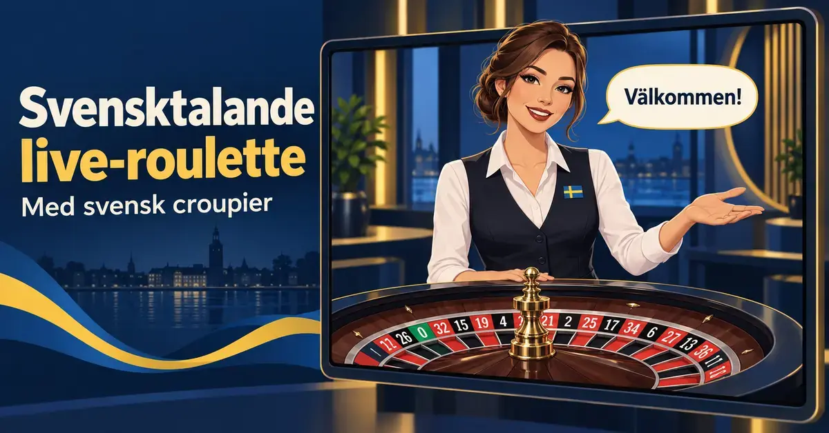 Illustration av en svensktalande croupier vid ett roulettehjul på en skärm, med svensk flagga och pratbubblan ”Välkommen!”.